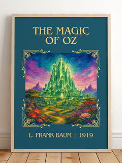 The Magic Of Oz Classic Book Art Print by L. Frank Baum – framed print leaning on a wooden floor