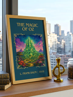 The Magic Of Oz Classic Book Art Print by L. Frank Baum – framed print on a city-view windowsill