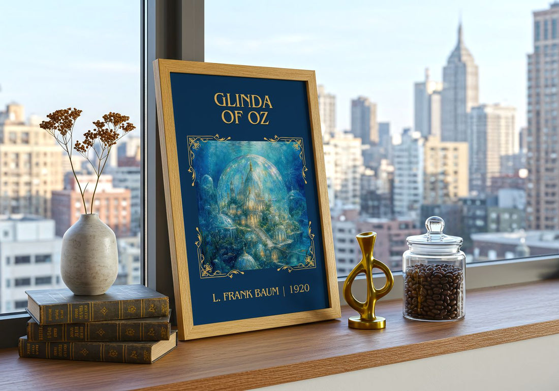Glinda Of Oz Classic Book Art Print by L. Frank Baum – framed print on a city-view windowsill