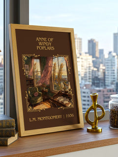 Anne Of Windy Poplars Classic Book Art Print by L.M. Montgomery – framed print on a city-view windowsill