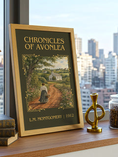 Chronicles Of Avonlea Classic Book Art Print by L.M. Montgomery – framed print on a city-view windowsill