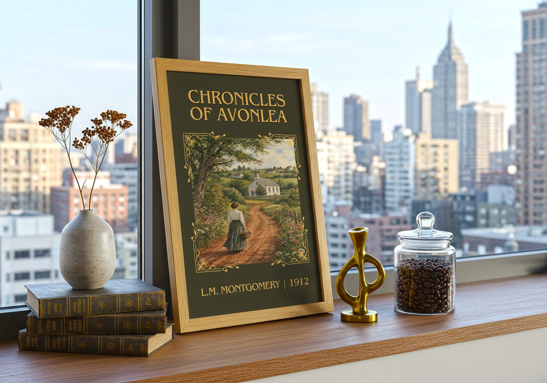 Chronicles Of Avonlea Classic Book Art Print by L.M. Montgomery – framed print on a city-view windowsill