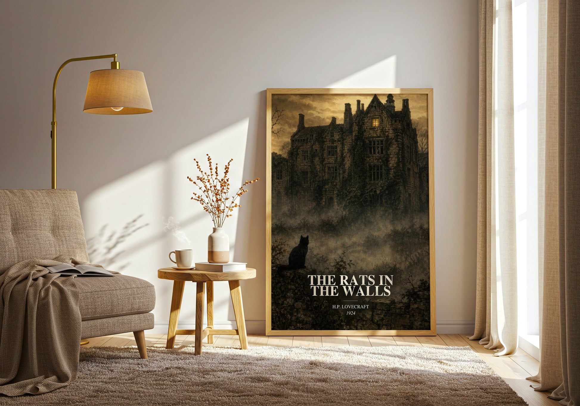 The Rats In The Walls watercolour print in frame leaning in hallway – horror wall art