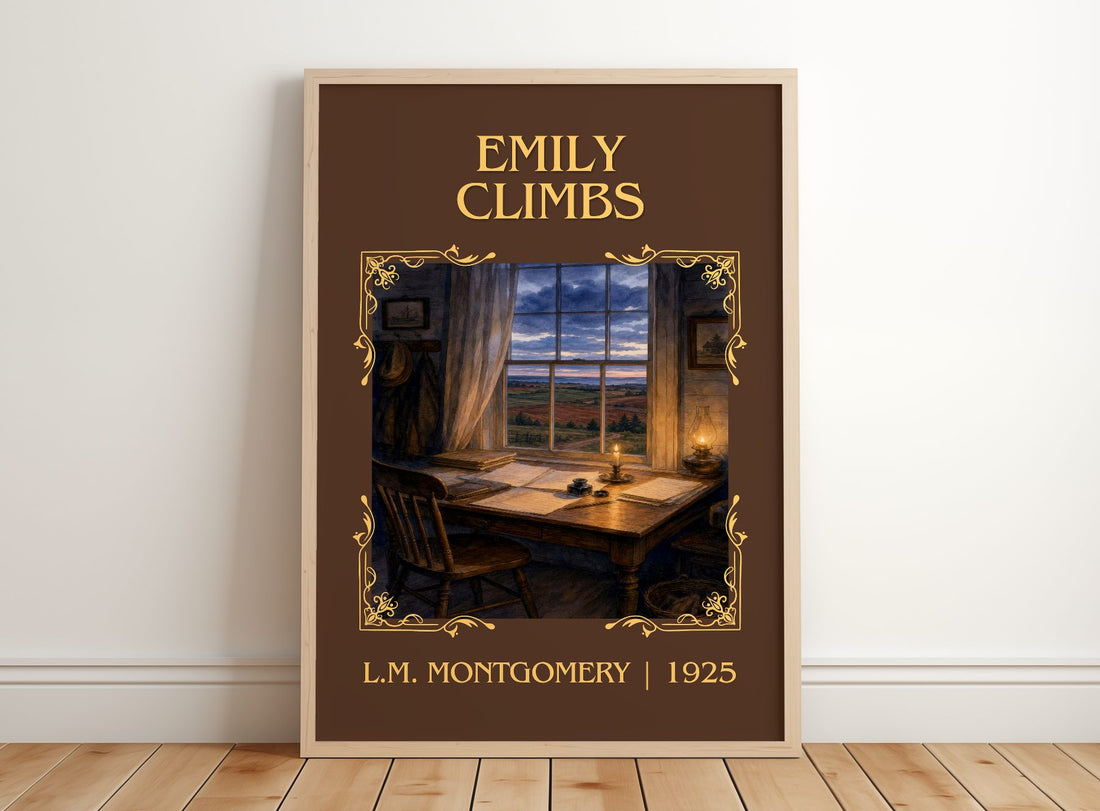 Emily Climbs Classic Book Art Print by L.M. Montgomery – framed print leaning on a wooden floor