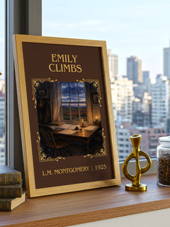 Emily Climbs Classic Book Art Print by L.M. Montgomery – framed print on a city-view windowsill