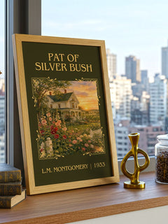 Pat Of Silver Bush Classic Book Art Print by L.M. Montgomery – framed print on a city-view windowsill