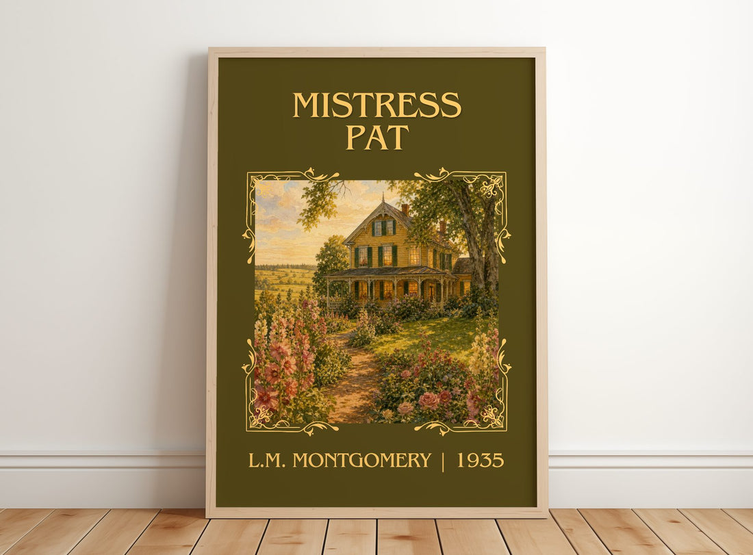 Mistress Pat Classic Book Art Print by L.M. Montgomery – framed print leaning on a wooden floor