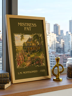 Mistress Pat Classic Book Art Print by L.M. Montgomery – framed print on a city-view windowsill