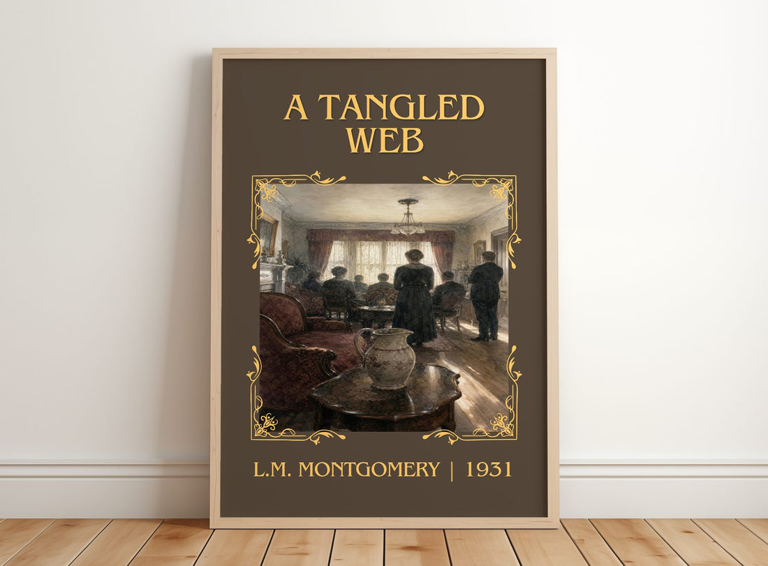 A Tangled Web Classic Book Art Print by L.M. Montgomery – framed print leaning on a wooden floor
