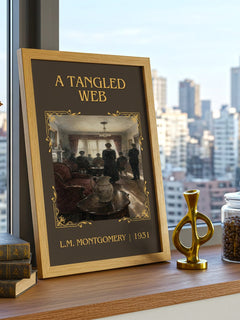 A Tangled Web Classic Book Art Print by L.M. Montgomery – framed print on a city-view windowsill