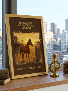Seabiscuit: An American Legend Classic Book Art Print by Laura Hillenbrand – framed print on a city-view windowsill