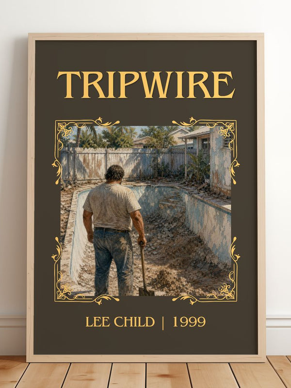 Tripwire Classic Book Art Print by Lee Child – framed print leaning on a wooden floor