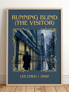 Running Blind (The Visitor) Classic Book Art Print by Lee Child – framed print leaning on a wooden floor