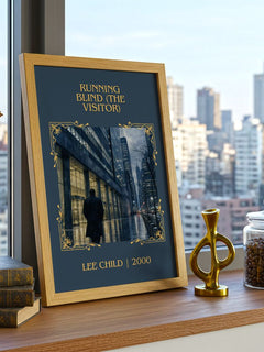 Running Blind (The Visitor) Classic Book Art Print by Lee Child – framed print on a city-view windowsill