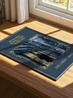 Running Blind (The Visitor) Classic Book Art Print by Lee Child – print on a sunlit desk