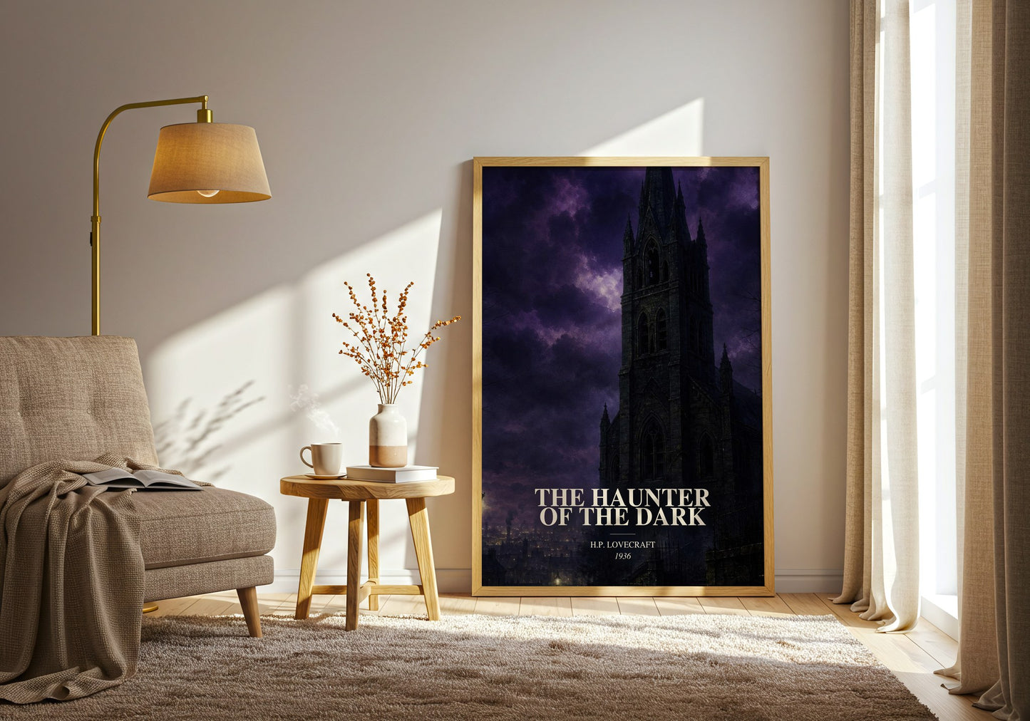 The Haunter Of The Dark watercolour print in frame leaning in hallway – horror wall art