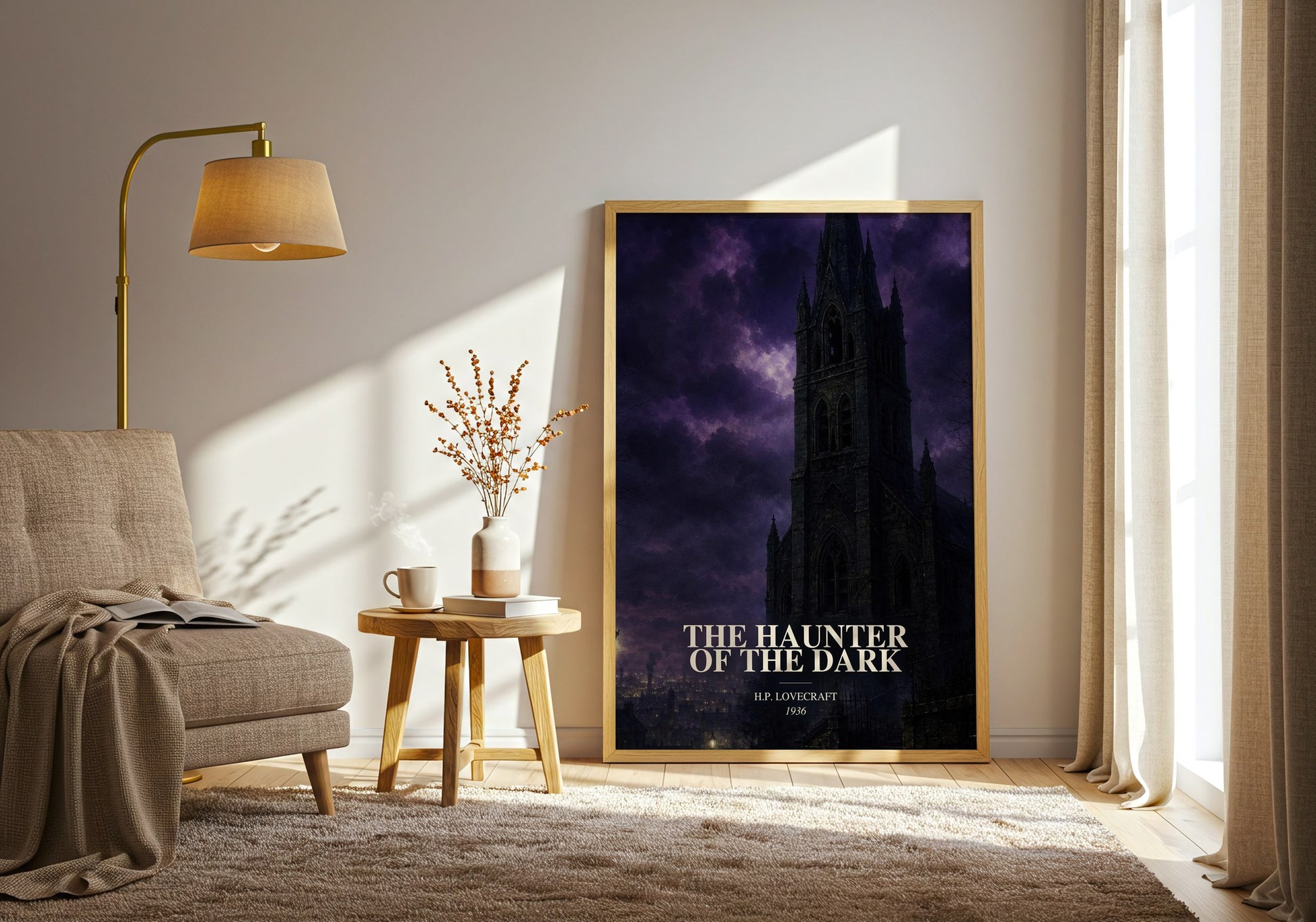The Haunter Of The Dark watercolour print in frame leaning in hallway – horror wall art