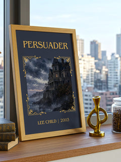 Persuader Classic Book Art Print by Lee Child – framed print on a city-view windowsill
