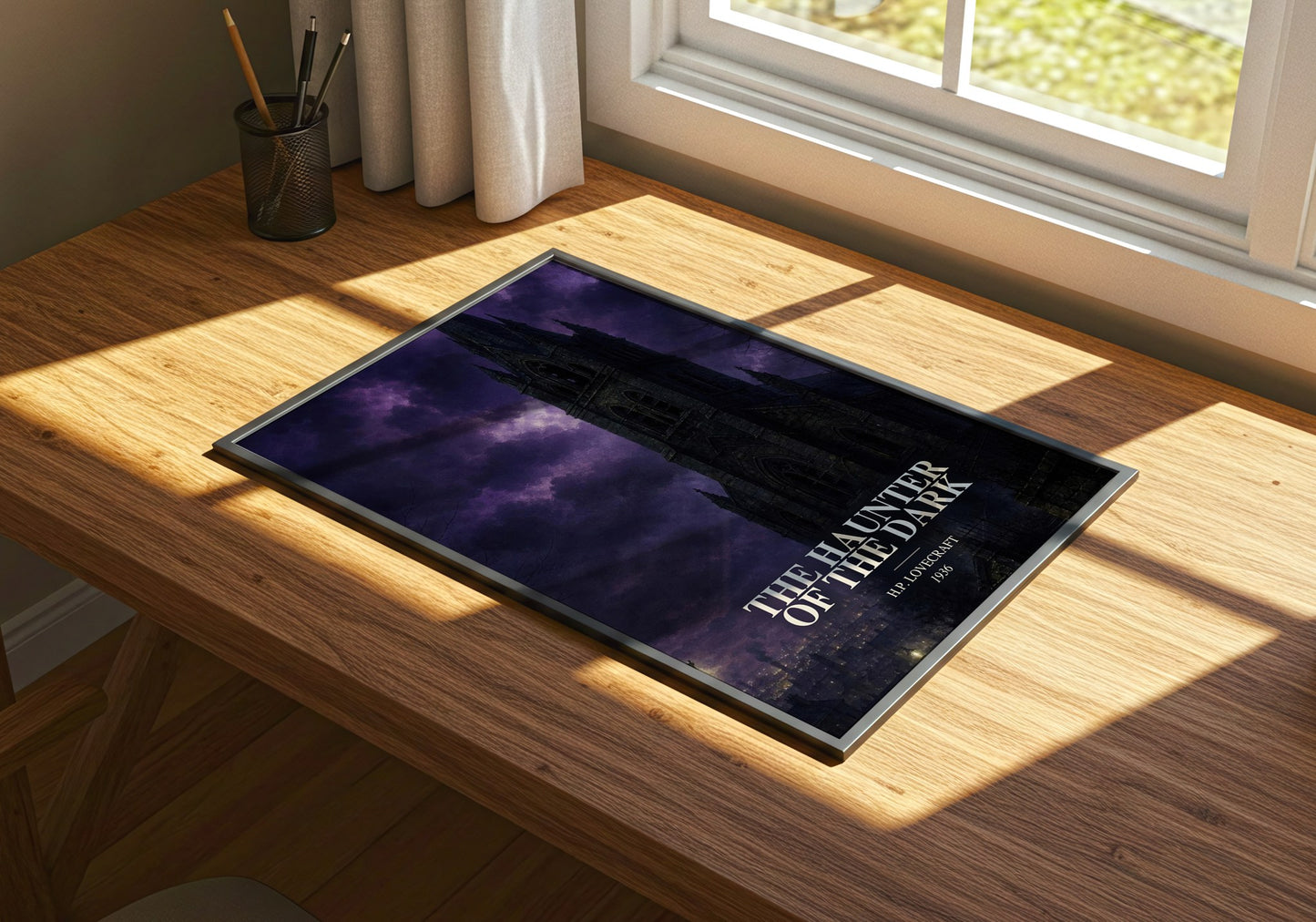 The Haunter Of The Dark watercolour book poster framed on wall – horror wall art