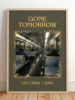 Gone Tomorrow Classic Book Art Print by Lee Child – framed print leaning on a wooden floor
