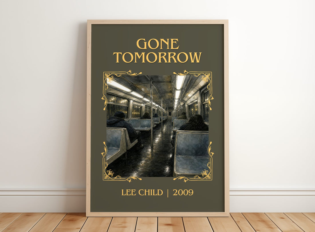Gone Tomorrow Classic Book Art Print by Lee Child – framed print leaning on a wooden floor