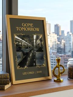 Gone Tomorrow Classic Book Art Print by Lee Child – framed print on a city-view windowsill