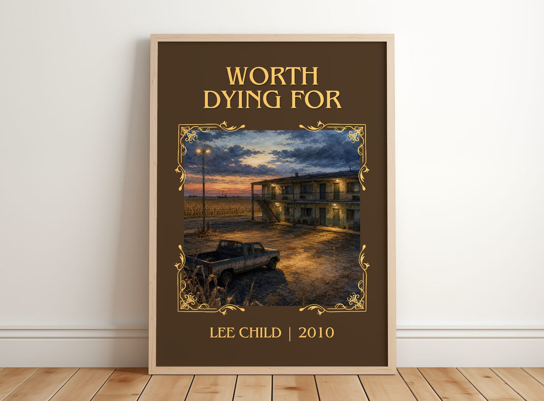 Worth Dying For Classic Book Art Print by Lee Child – framed print leaning on a wooden floor