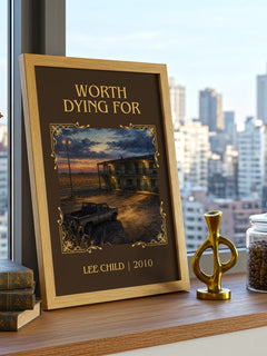 Worth Dying For Classic Book Art Print by Lee Child – framed print on a city-view windowsill