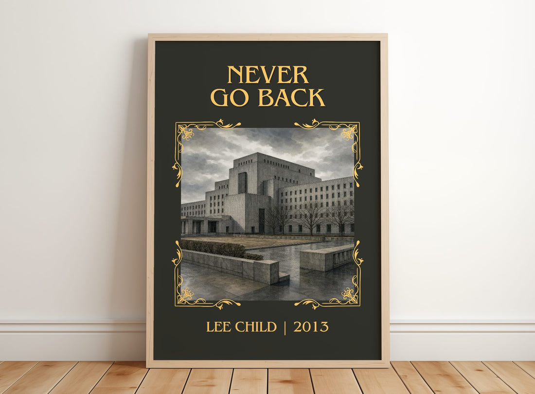 Never Go Back Classic Book Art Print by Lee Child – framed print leaning on a wooden floor