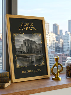 Never Go Back Classic Book Art Print by Lee Child – framed print on a city-view windowsill