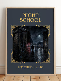 Night School Classic Book Art Print by Lee Child – framed print leaning on a wooden floor