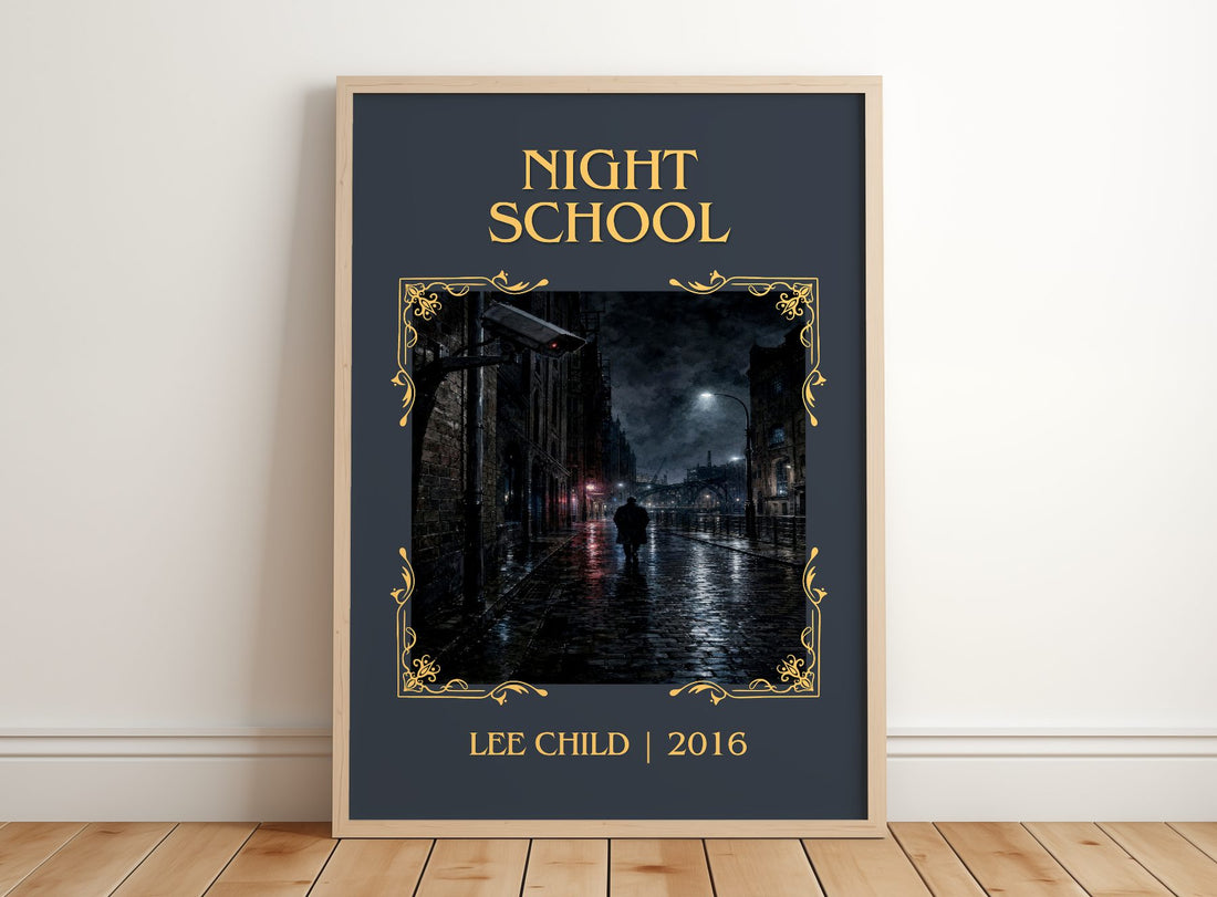 Night School Classic Book Art Print by Lee Child – framed print leaning on a wooden floor