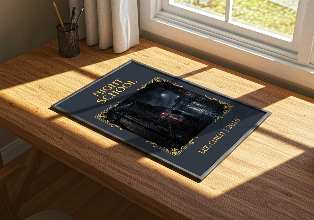 Night School Classic Book Art Print by Lee Child – print on a sunlit desk