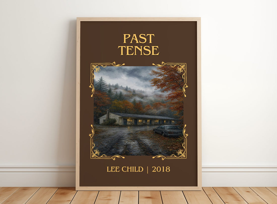 Past Tense Classic Book Art Print by Lee Child – framed print leaning on a wooden floor