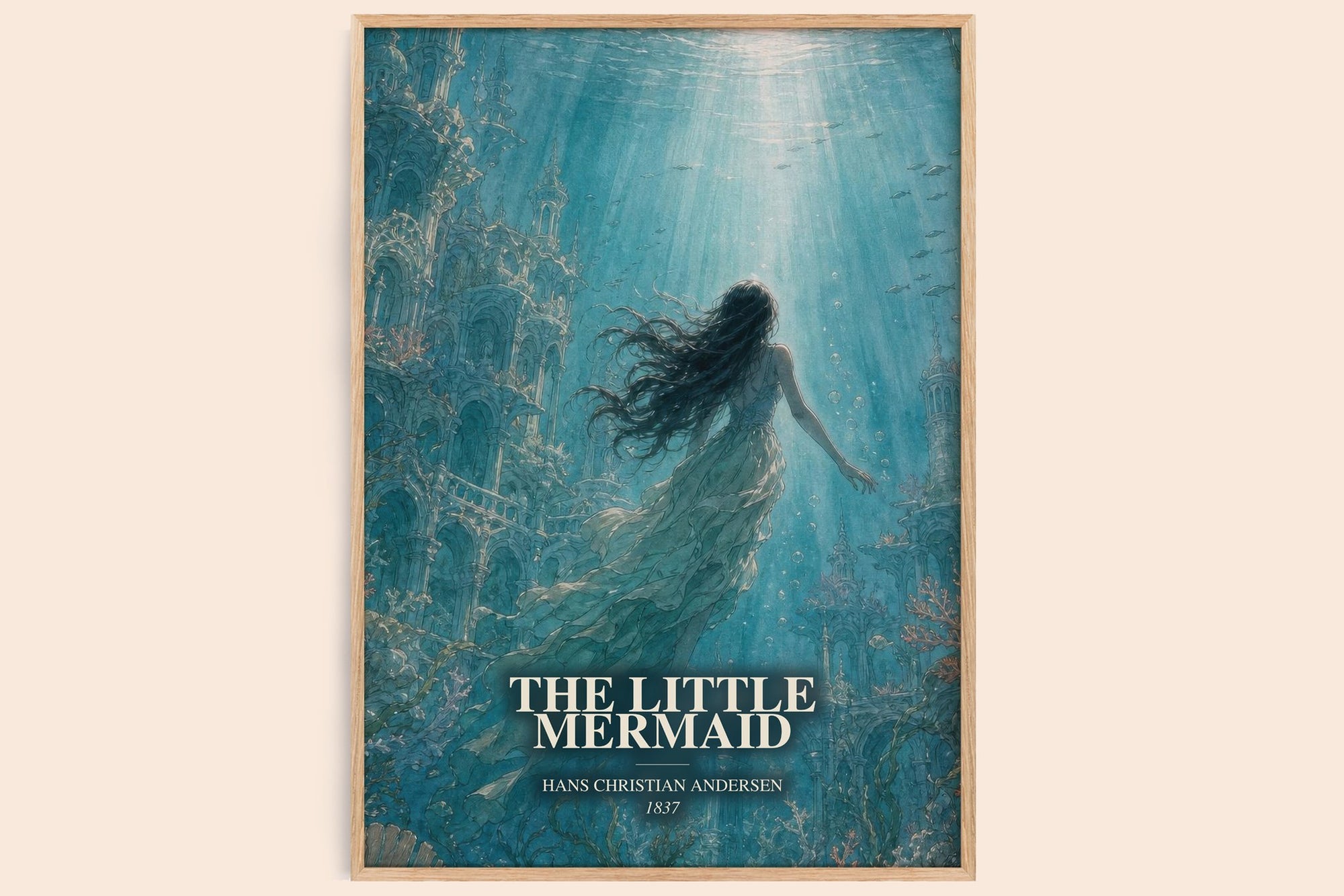 The Little Mermaid watercolour book poster by Hans Christian Andersen – framed literary art print