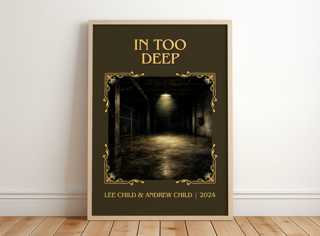 In Too Deep Classic Book Art Print by Lee Child & Andrew Child – framed print leaning on a wooden floor