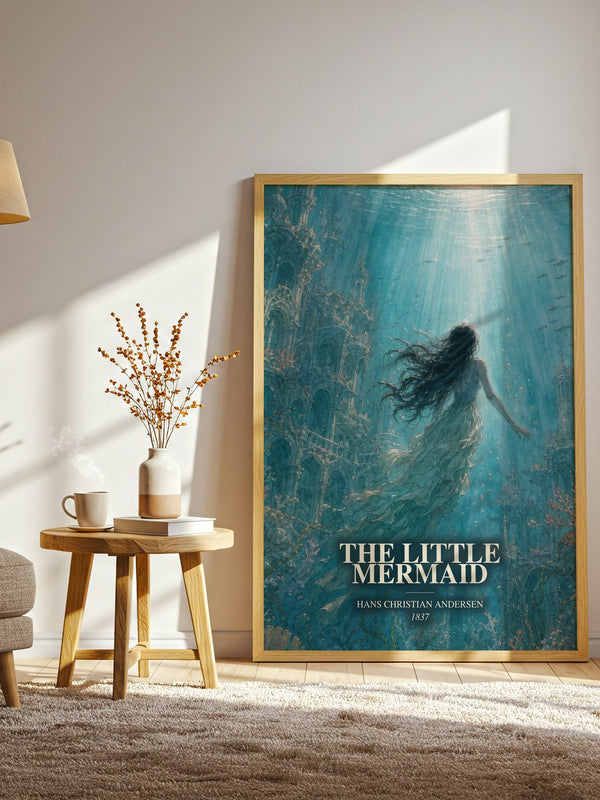 The Little Mermaid watercolour print in frame leaning in hallway – childrens wall art