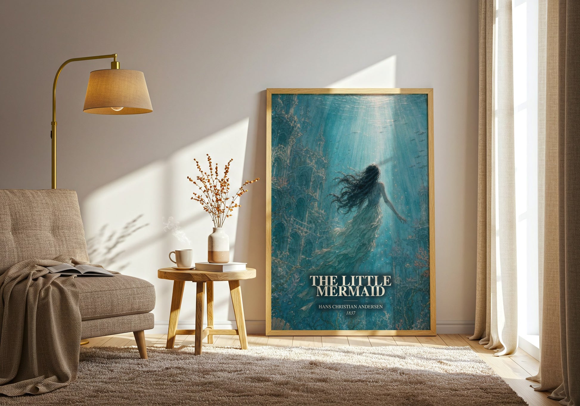 The Little Mermaid watercolour print in frame leaning in hallway – childrens wall art