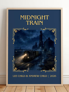 Midnight Train Classic Book Art Print by Lee Child & Andrew Child – framed print leaning on a wooden floor