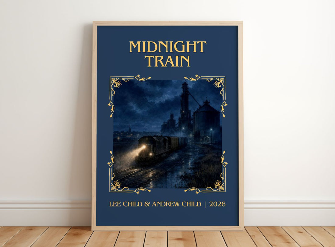 Midnight Train Classic Book Art Print by Lee Child & Andrew Child – framed print leaning on a wooden floor