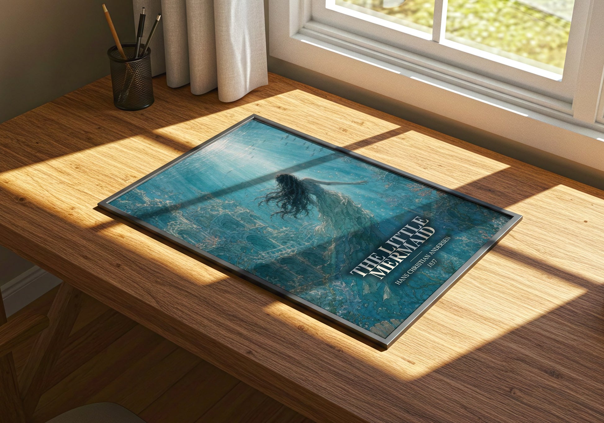 The Little Mermaid watercolour book poster framed on wall – childrens wall art