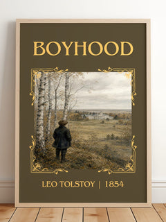 Boyhood Classic Book Art Print by Leo Tolstoy – framed print leaning on a wooden floor