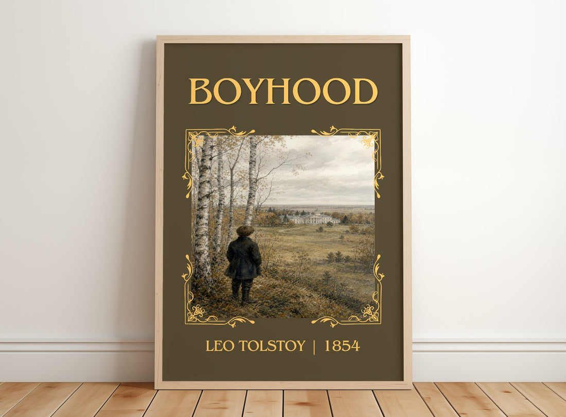 Boyhood Classic Book Art Print by Leo Tolstoy – framed print leaning on a wooden floor