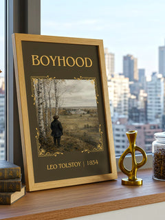 Boyhood Classic Book Art Print by Leo Tolstoy – framed print on a city-view windowsill