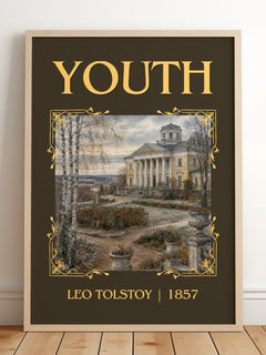 Youth Classic Book Art Print by Leo Tolstoy – framed print leaning on a wooden floor