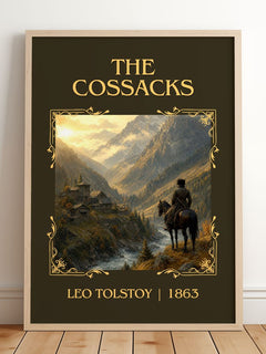 The Cossacks Classic Book Art Print by Leo Tolstoy – framed print leaning on a wooden floor