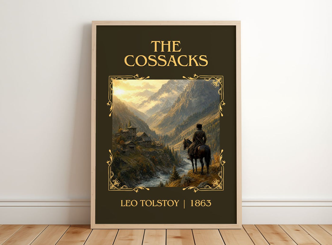 The Cossacks Classic Book Art Print by Leo Tolstoy – framed print leaning on a wooden floor