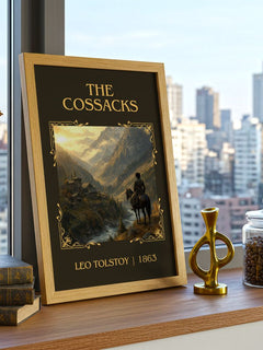 The Cossacks Classic Book Art Print by Leo Tolstoy – framed print on a city-view windowsill