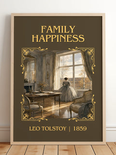 Family Happiness Classic Book Art Print by Leo Tolstoy – framed print leaning on a wooden floor