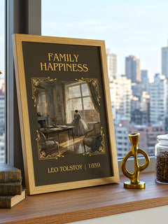 Family Happiness Classic Book Art Print by Leo Tolstoy – framed print on a city-view windowsill